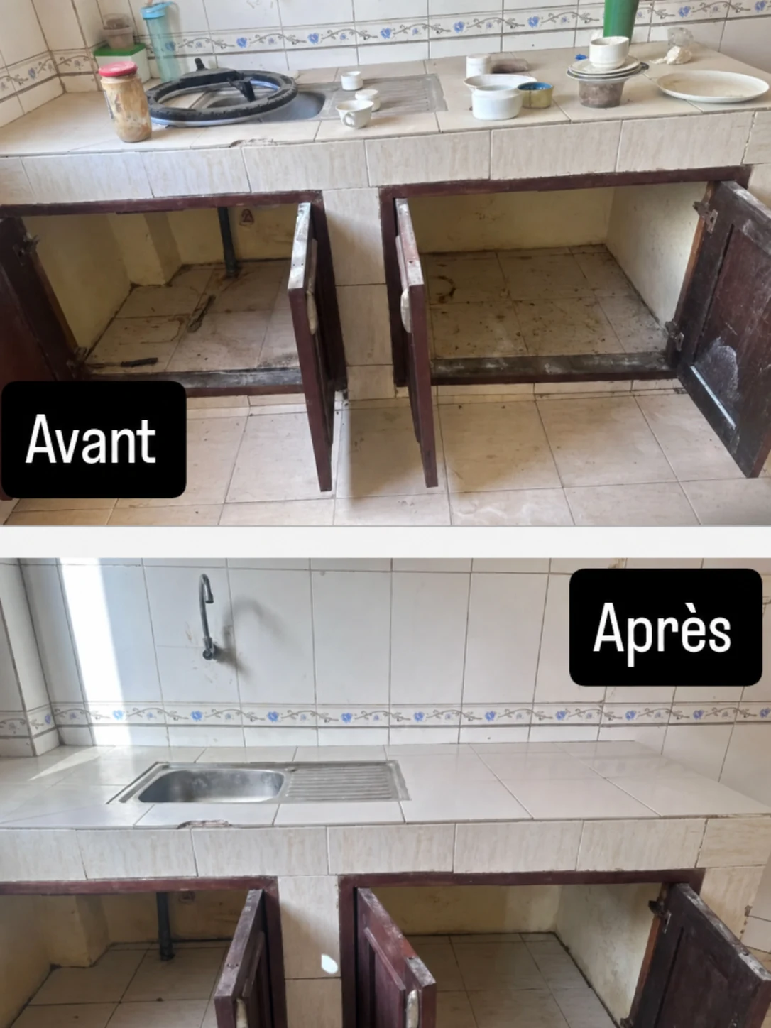 Avant/après d'une cuisine remise en état par SERENA